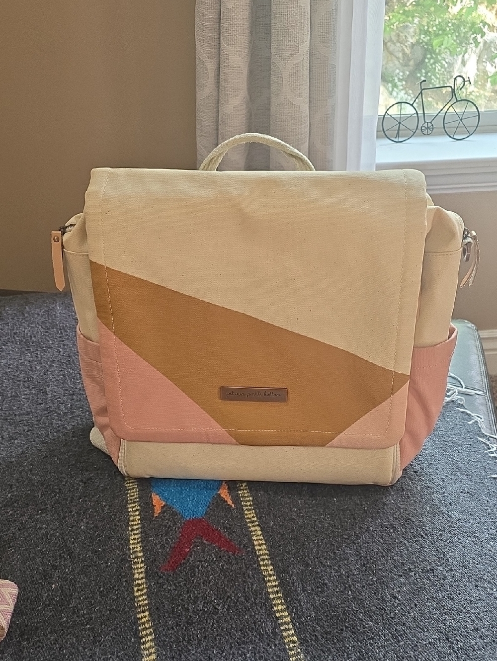 Petunia Pickle Bottom Canvas Colorblock Backpack Tote in Cream, Pink & Tan